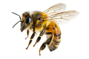 Close-up image of a honeybee captured in high detail, highlighting its wings, body, and antennae on a transparent background. png