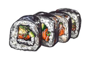 Close-up illustration of sushi rolls with various fillings, perfect for food-related designs and culinary projects. png