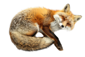 A serene red fox sleeping in a curled position, showcasing its beautiful fur and peaceful nature. Perfect for wildlife and animal-themed imagery. png