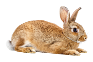 Close-up of a brown rabbit lying down against a transparent background. The rabbit appears calm and relaxed, with detailed fur and alert eyes. png