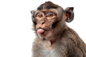 Close-up of a monkey sticking its tongue out, showcasing playful and expressive behavior on a transparent background. png