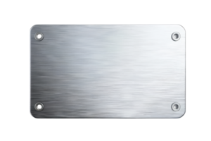 Close-up of a silver metal nameplate with a brushed finish and screw holes at each corner, isolated on a transparent background. png