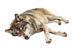 Close-up of a relaxed wolf lying down on a transparent background. showcasing its majestic fur and captivating eyes. png