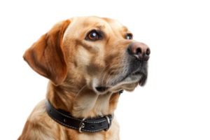 Close-up of a loyal golden retriever with a black collar, looking attentively off camera. Perfect for pet-related content and advertisements. png
