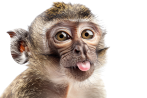 Close-up of a playful monkey sticking out its tongue against a transparent background. Humorous animal expression showcasing personality and curiosity. png