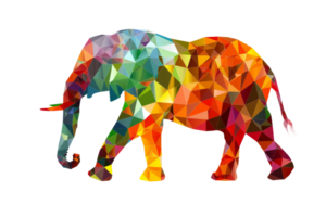 Colorful geometric low-poly elephant illustration on a transparent background, perfect for creative and artistic design projects. png