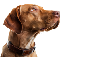 Close-up profile of a brown dog with a leather collar, looking up attentively, isolated on a transparent background. png