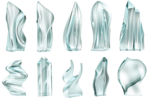 Collection of abstract glass sculptures with unique shapes and elegant design, ideal for modern decor and artistic inspiration. png