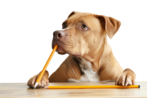 Cute brown dog chewing on a pencil while resting its paws on a table. Focused look. Isolated on transparent background. png
