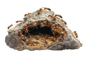 Close-up of numerous ants working diligently around their nest entrance in a piece of wood, showcasing their teamwork and behavior. png