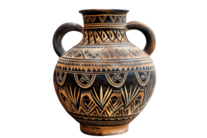 Decorative handcrafted ceramic vase featuring intricate ethnic patterns and a traditional two-handle design, perfect for home decor and collectibles. png