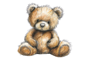 Cute plush teddy bear illustration with soft fur and endearing expression, perfect for children's books and nursery decor. png