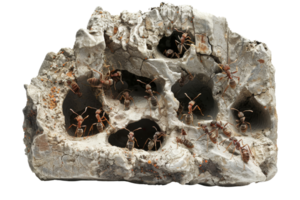 Close-up of an ant nest in a rock showing intricate tunnels and busy ants working, highlighting nature's complexity and teamwork. png