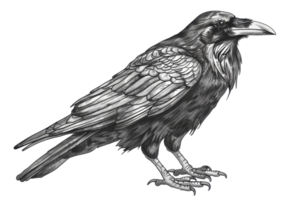 Detailed black and white illustration of a raven with intricate feather patterns and realistic features on a transparent background. png