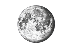 Detailed, high-resolution image of the moon showcasing its craters and surface textures in black and white. Ideal for educational and design purposes. png