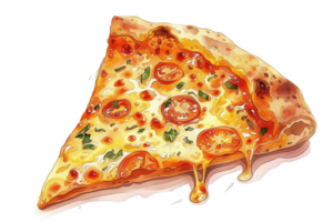 Delicious slice of pizza loaded with cheese, tomatoes, and herbs, showcasing melty goodness and a perfect golden crust. png