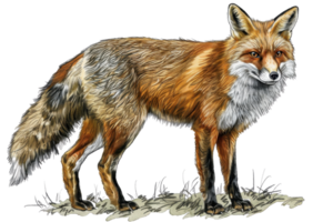 Detailed illustration of a majestic red fox standing on a grassy terrain with a sharp gaze, showing its beautiful fur and elegant stance. png