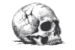 Detailed illustration of a human skull with cracks and shadows, highlighting the intricate structure and texture of the bone. png