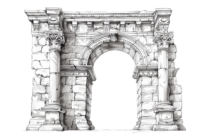 Drawing of an ancient Roman-style stone archway with detailed columns and intricate carvings, showcasing historic architecture. png