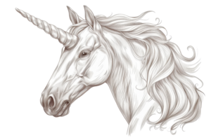 Elegant hand-drawn unicorn illustration with flowing mane and detailed features, perfect for fantasy-themed designs and decorations. png
