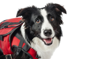 Happy Border Collie in a red harness, looking at the camera. Isolated on transparent background. prepared for search and rescue missions. png