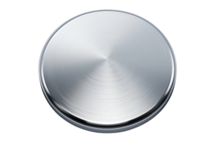 High-resolution image of a sleek, round metallic button with a polished stainless steel finish, perfect for user interface and design projects. png