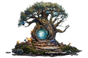 Enchanted tree with a mystical portal amidst forests. Surreal artwork with glowing elements, perfect for fantasy themes and imaginative designs. png