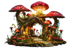 Enchanting fairy tale house nestled under giant glowing mushrooms, surrounded by lush greenery and vibrant flowers, creating a magical scene. png