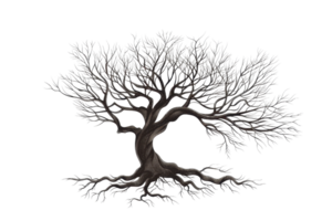 Illustration of a bare tree with twisted branches, displaying an intricate design and detailed texture against a transparent background. png