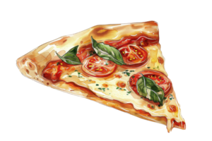 Illustrated slice of delicious pizza with tomatoes and basil, perfect for culinary themes, food blogs, or menu designs. png