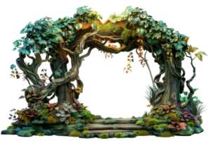 Enchanted forest archway with lush greenery, vibrant flowers, and twisted vines, creating a magical, fairy-tale scene. png