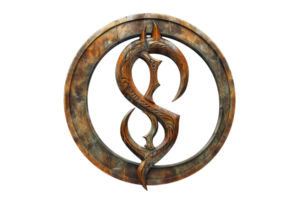 Intricate fantasy emblem with mystical, wood-like texture and circular design, perfect for game design, branding, or decorative purposes. png