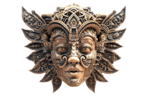 Intricate decorative face mask showcasing detailed patterns and artistic craftsmanship with an ancient tribal aesthetic in bronze. png