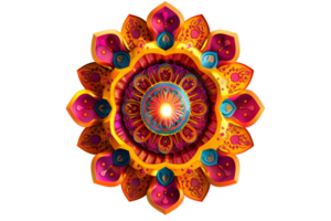 Intricate multicolored mandala design with vibrant hues and detailed patterns, creating a mesmerizing and artistic visual centerpiece. png