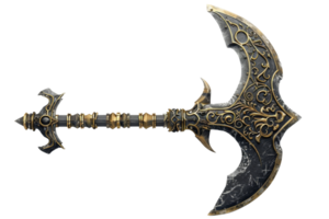 Intricately designed medieval battle axe with ornate details and gold accents, isolated on a transparent background. for fantasy and historical themes. png