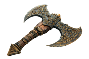 Intricately designed double-headed fantasy axe with ornate carvings and a wooden handle, perfect for medieval or fantasy-themed settings. png
