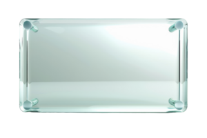 Rectangular glass table top with rounded corners, isolated on a transparent background. Modern and sleek piece of furniture ideal for home or office. png
