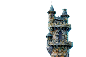 Medieval stone tower with intricate architecture and turrets against a clear sky. Strong historic and fairy-tale ambiance. png