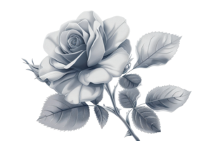 Monochrome illustration of a rose flower with detailed petals and leaves, showcasing elegance and simplicity in a grayscale palette. png