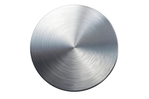 Minimalist metallic circular button with brushed steel finish, isolated on transparent background. Ideal for technology or industrial design projects. png