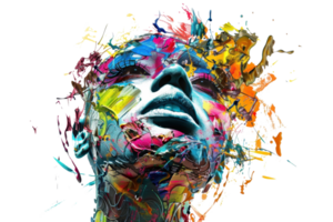 Vibrant abstract painting of a human face, exploding with colorful splashes, representing creativity, expression, and modern art. png