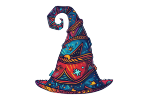 Vibrant, intricately designed wizard hat with celestial patterns. Perfect for fantasy, magic, and Halloween-themed projects. png