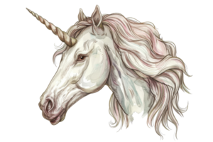 Watercolor illustration of a majestic unicorn with flowing mane, showing grace and enchantment in mythical fantasy art. png
