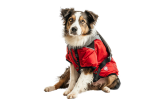 Adorable dog in red jacket posing, isolated on transparent background. Ideal for pet, animal, and outdoor-themed stock images. png