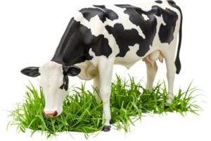 A black and white cow grazing on fresh green grass, depicting a serene rural farm scene in natural surroundings. png