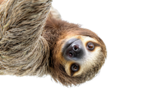 Adorable close-up of a curious sloth hanging upside down, showcasing its gentle face and furry body in a transparent background. png