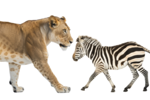 A lioness and a zebra foal face each other in a close encounter, creating a captivating moment in the wild. png