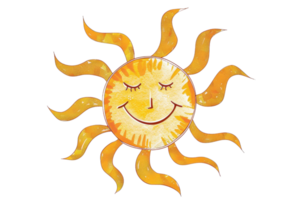 Cheerful watercolor sun illustration with a smiling face and wavy sun rays, perfect for summer designs and creative projects. png