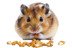 Adorable hamster with chubby cheeks eating nuts. Close-up of a cute pet rodent enjoying a snack, isolated on transparent background. png