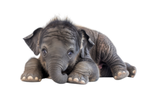 Adorable baby elephant resting on the ground, isolated on a transparent background. Perfect for wildlife and nature-themed content. png